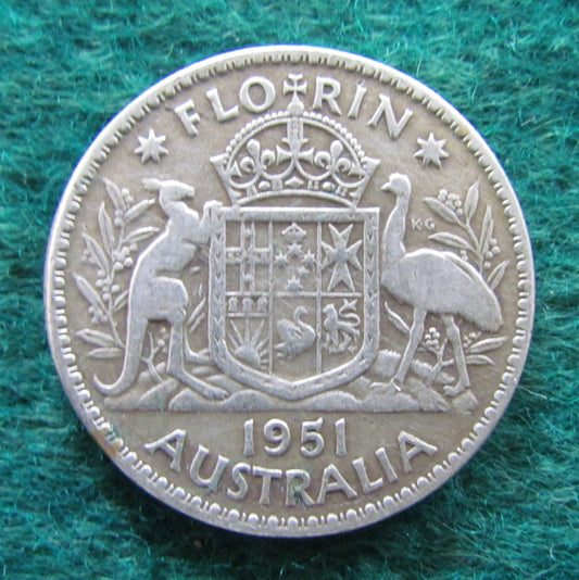 Australian 1951 2/- Florin King George VI Coin - Circulated