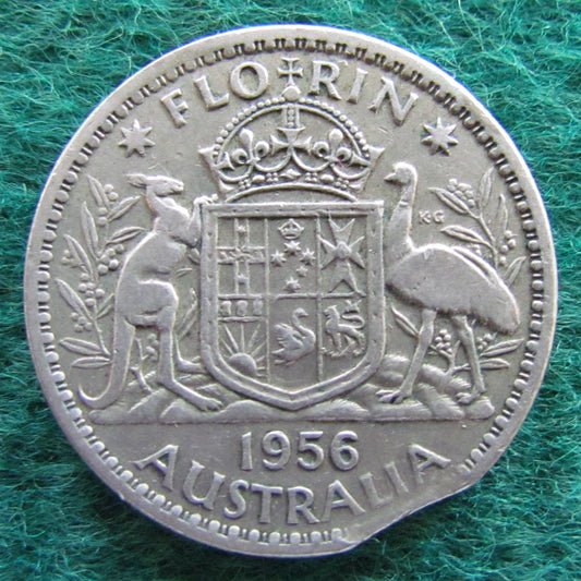 Australian 1956 2/- Florin Queen Elizabeth II Coin Mint Clipped Variety - Circulated