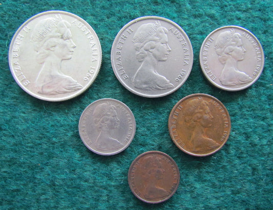 Australian 1966 Coin Collective Queen Elizabeth II 50 20 10 5 2 & 1 Cent Coins - Circulated