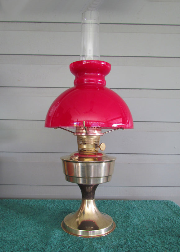 Aladdin Brass Oil Lamp With Red Cased Glass Shade