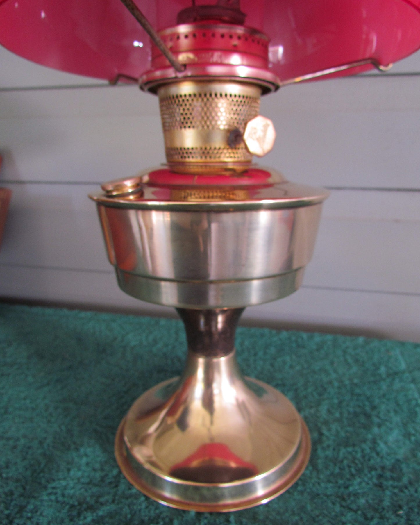 Aladdin Brass Oil Lamp With Red Cased Glass Shade