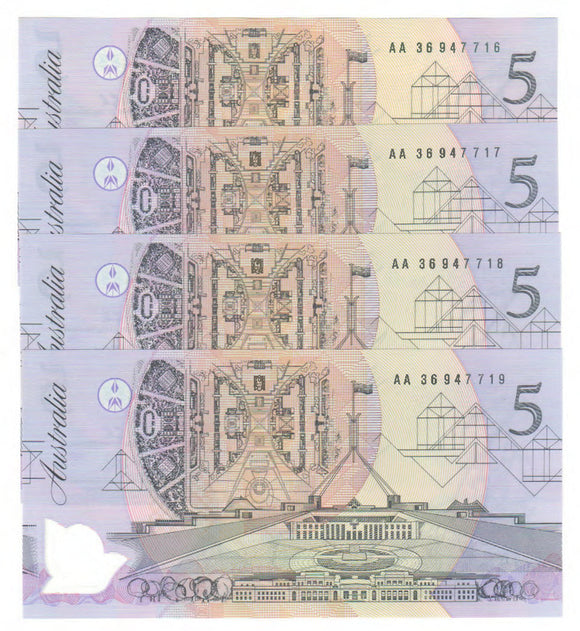 Australian 1992 5 Dollar Fraser Cole Polymer Banknotes Run Of 4 AA Prefix s/n AA 36947716 -19 - Uncirculated