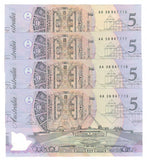 Australian 1992 5 Dollar Fraser Cole Polymer Banknotes Run Of 4 AA Prefix s/n AA 36947716 -19 - Uncirculated