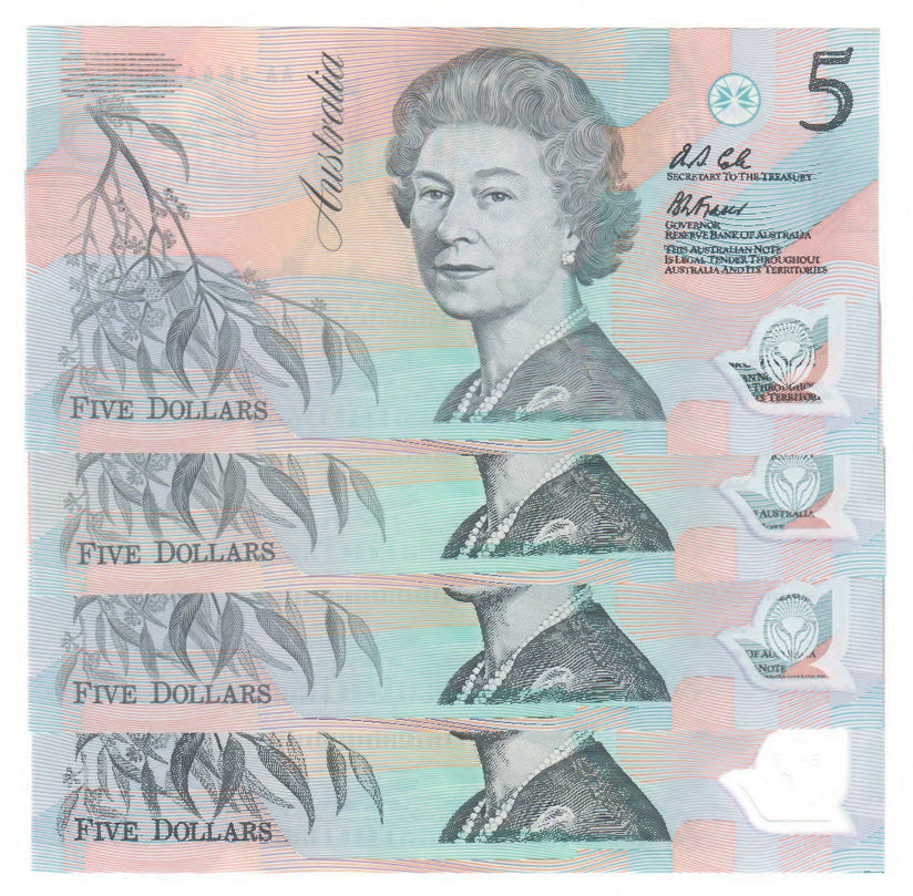 Australian 1992 5 Dollar Fraser Cole Polymer Banknotes Run Of 4 AA Prefix s/n AA 36947716 -19 - Uncirculated