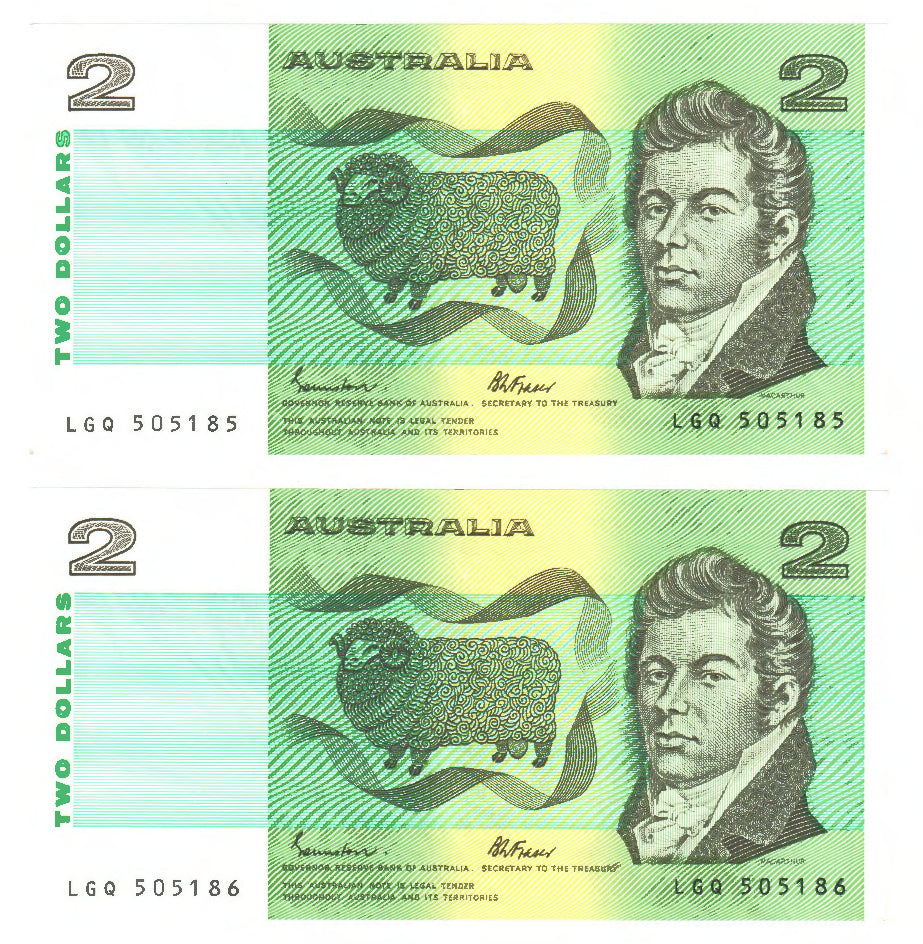 Australian 1985 2 Dollar Johnston Fraser Banknote pair s/n LGQ 505185-86 - Uncirculated