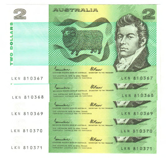 Australian 1985 2 Dollar Johnston Fraser Banknote Run Of 5 s/n LKN 810367-7 - Circulated