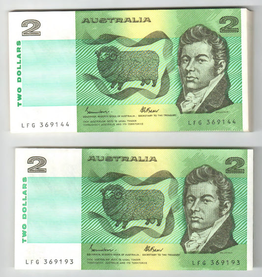 Australian 1985 2 Dollar Johnston Fraser Banknote Run Of 50 s/n LFG 369144-93 - Uncirculated
