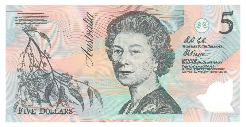 Australian 1992 5 Dollar Fraser Cole Polymer Banknote s/n AA 84286766 - Uncirculated