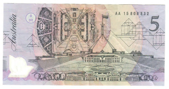 Australian 1992 5 Dollar Fraser Cole Polymer Banknote s/n AA 15808832 - Circulated
