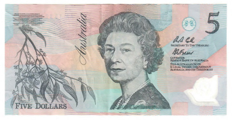 Australian 1992 5 Dollar Fraser Cole Polymer Banknote s/n AA 15808832 - Circulated