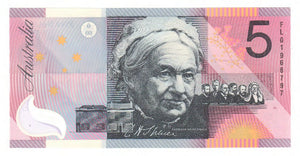 Australian 1996 5 Dollar MacFarlane Evans Polymer Note  s/n FLO 1968797 - Uncirculated