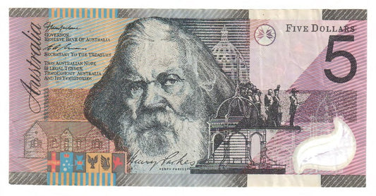 Australian 2001 5 Dollar MacFarlane Evans Polymer Banknote s/n GC 01488833 - Circulated