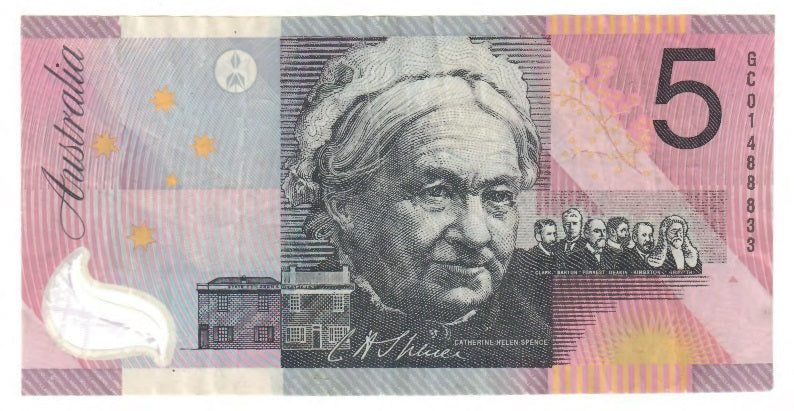 Australian 2001 5 Dollar MacFarlane Evans Polymer Banknote s/n GC 01488833 - Circulated
