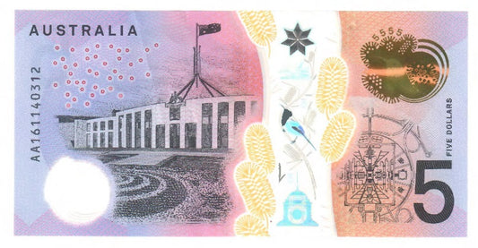 Australian 2016 5 Dollar Stevens Fraser Note  s/n AA 161140312 - Grades as Circulated