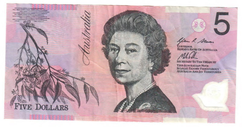 Australian 2013 5 Dollar Stevens Parkinson Note s/n DF 13814730 - Circulated