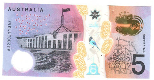 Australian 2020 5 Dollar Lowe Kennedy Polymer Note s/n AJ 200211062 - Uncirculated