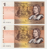 Australian 1982 1 Dollar Johnston Stone Notes Consecutive Pair s/n's DKE 618874 & 75