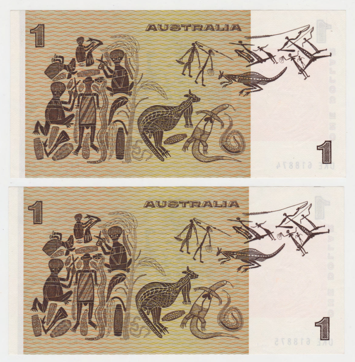 Australian 1982 1 Dollar Johnston Stone Notes Consecutive Pair s/n's DKE 618874 & 75