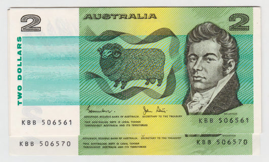 Australian 1983 2 Dollar Johnston Stone Banknotes Consecutive Run Of 10 KBB 506561-70 - Circulated