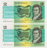 Australian 1983 2 Dollar Johnston Stone Banknotes Consecutive Pair s/n's KKU 096489-90 - Circulated