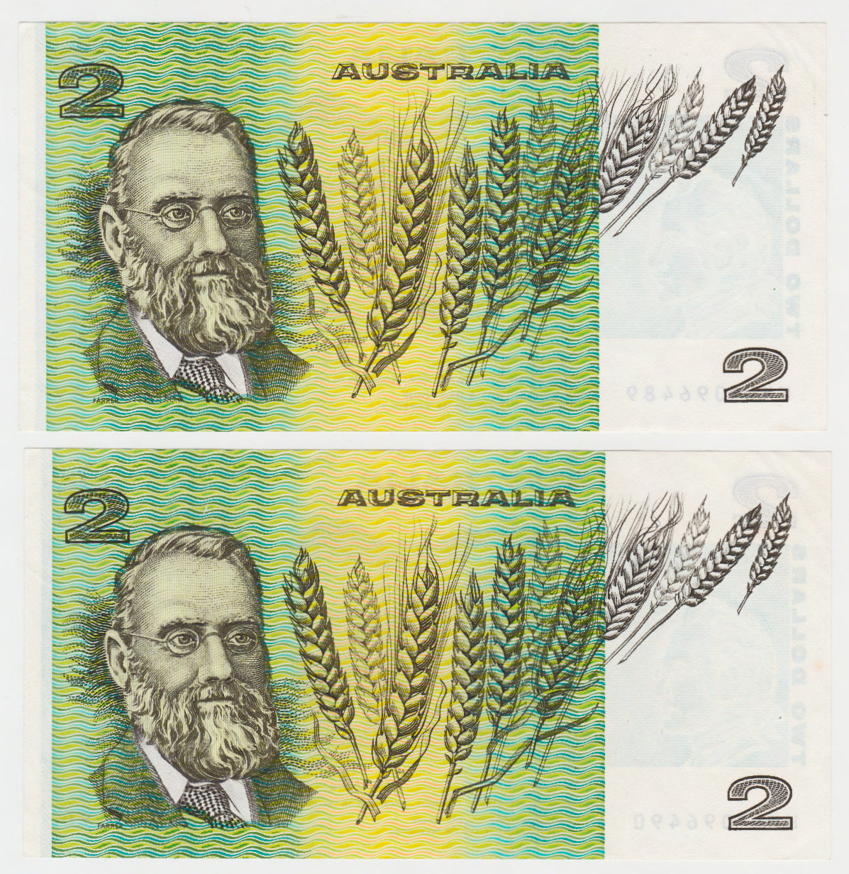 Australian 1983 2 Dollar Johnston Stone Banknotes Consecutive Pair s/n's KKU 096489-90 - Circulated