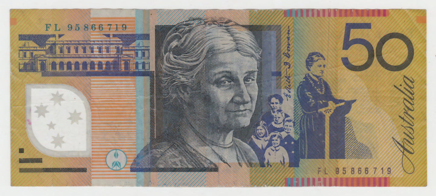 Australian 1995 50 Dollar Fraser Evans Polymer Banknote s/n FL 95866719 - Circulated