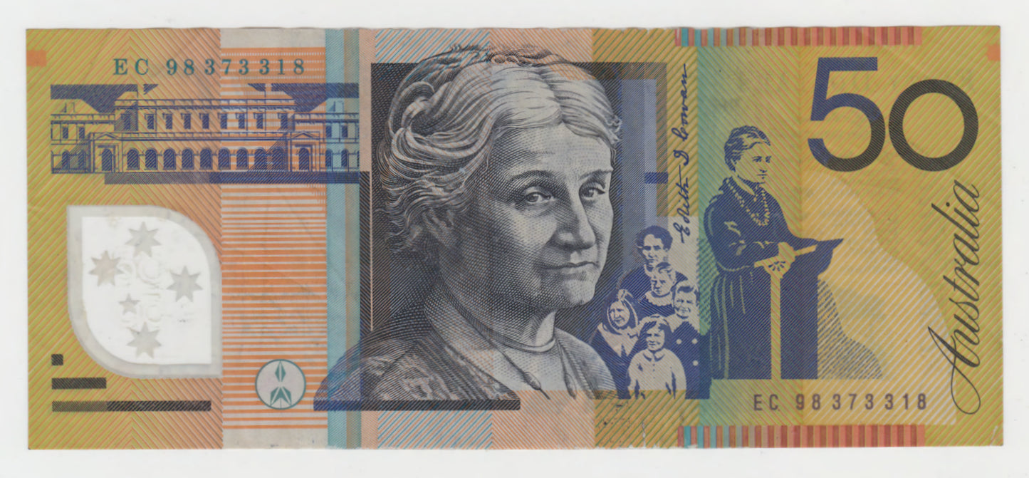 Australian 1998 50 Dollar MacFarlane Evans Polymer Banknote s/n EC 98373318 - Circulated