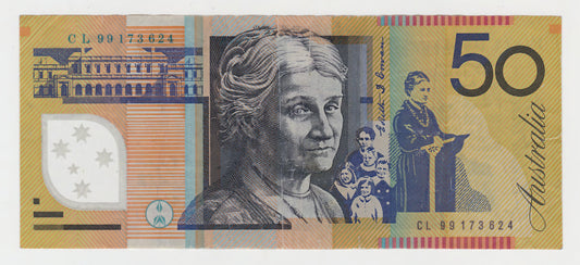 Australian 1999 50 Dollar MacFarlane Evans Polymer Banknote s/n CL 99173624 - Circulated