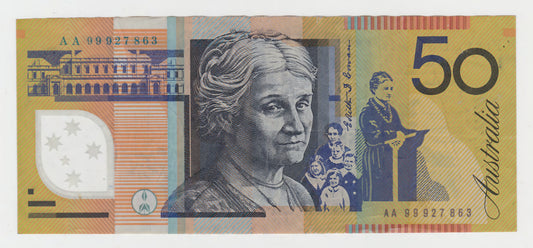 Australian 1999 50 Dollar MacFarlane Evans Polymer Banknote s/n AA 99927863 - Circulated