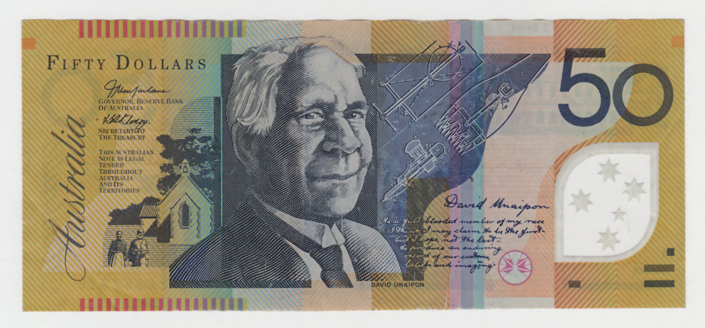Australian 2004 50 Dollar MacFarlane Henry Polymer Banknote s/n BL04607520 - Circulated