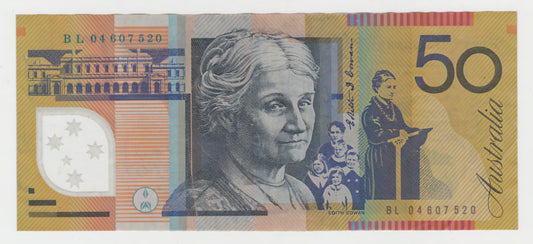 Australian 2004 50 Dollar MacFarlane Henry Polymer Banknote s/n BL04607520 - Circulated