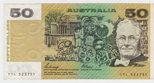 Australian 1989 50 Dollar Phillips Fraser Banknote s/n YYL 523751 - Circulated