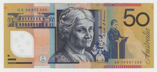 Australian 2014 50 Dollar Stevens Parkinson Polymer Banknote s/n GA 14997260 - Circulated