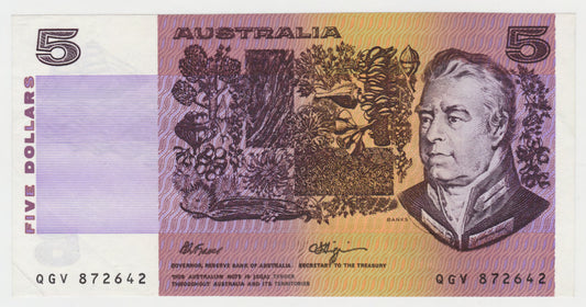 Australian 1990 5 Dollar Fraser Higgins Note s/n QGV872642 - Circulated