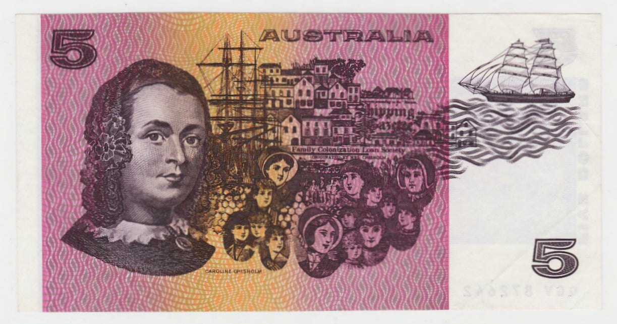 Australian 1990 5 Dollar Fraser Higgins Note s/n QGV872642 - Circulated