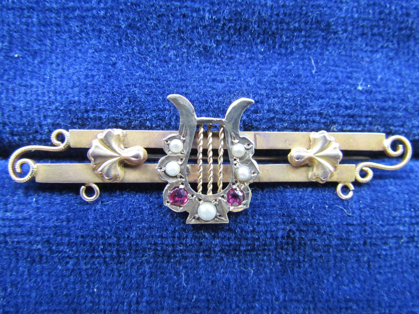 9ct Gold Lyre Set Bar Brooch Having Ruby & Seed Pearl Insets Hallmarked