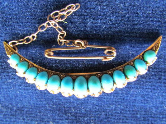 Unmarked Gold Crescent Bar Brooch Set With Turquoise With Safety Chain