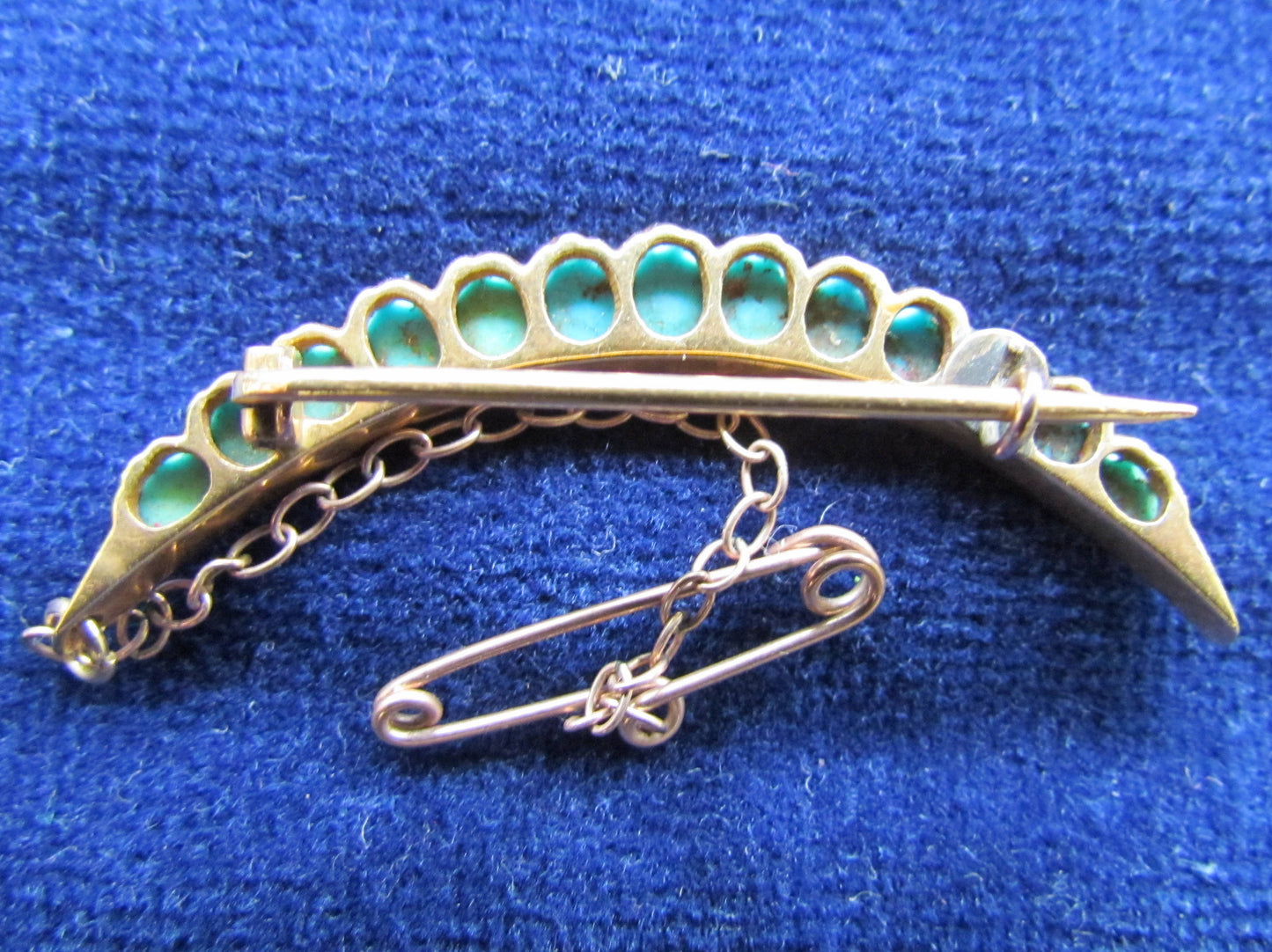 Unmarked Gold Crescent Bar Brooch Set With Turquoise With Safety Chain