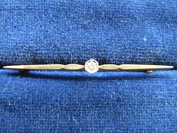 15ct Gold Bar Brooch With Platinum Bezel Set With An Old Cut Diamond