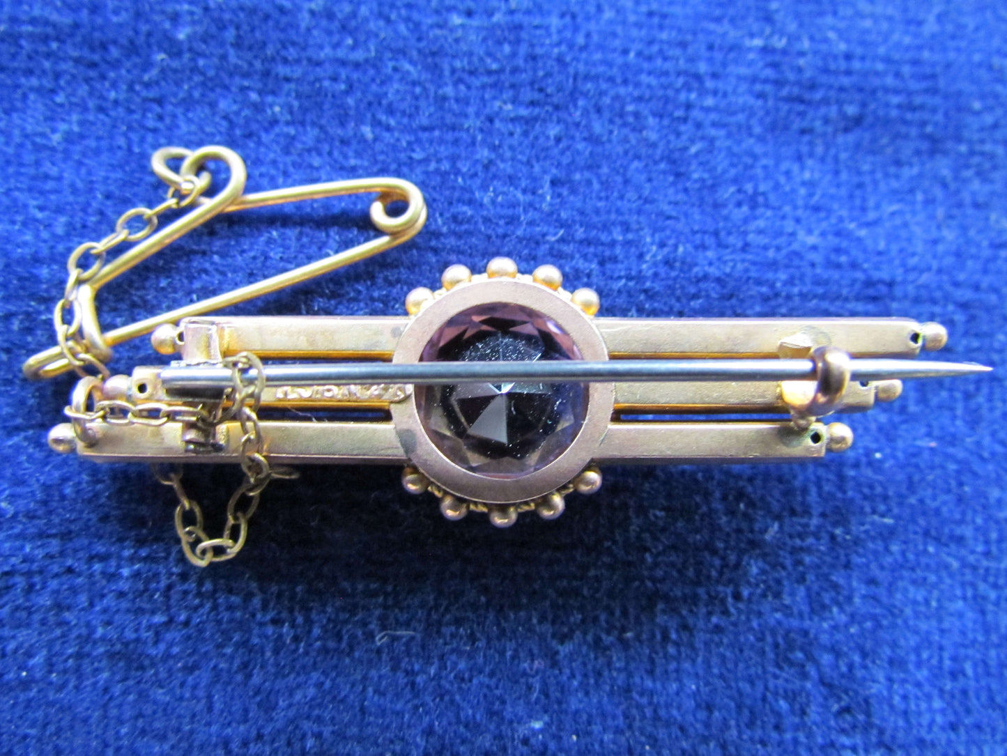 9ct Gold Triple Bar Brooch With Bezel Set Amethyst And Safety Chain Maker H&N