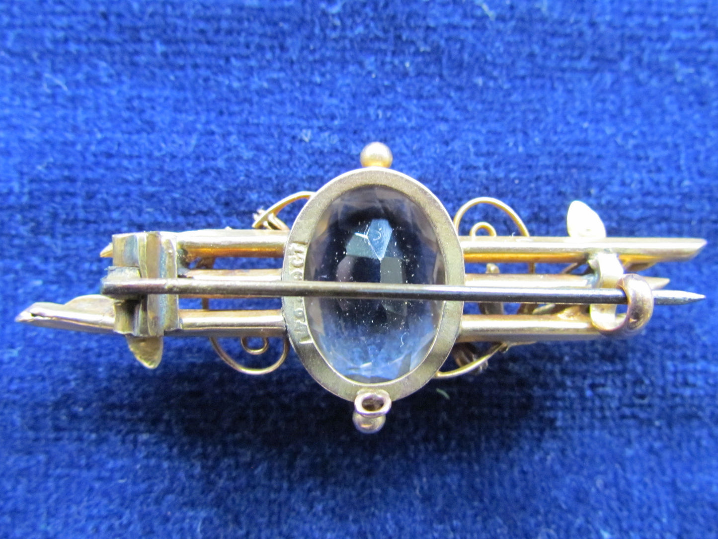 9ct Gold Triple Bar Brooch With A Bezel Set Aquamarine And Seed Peals