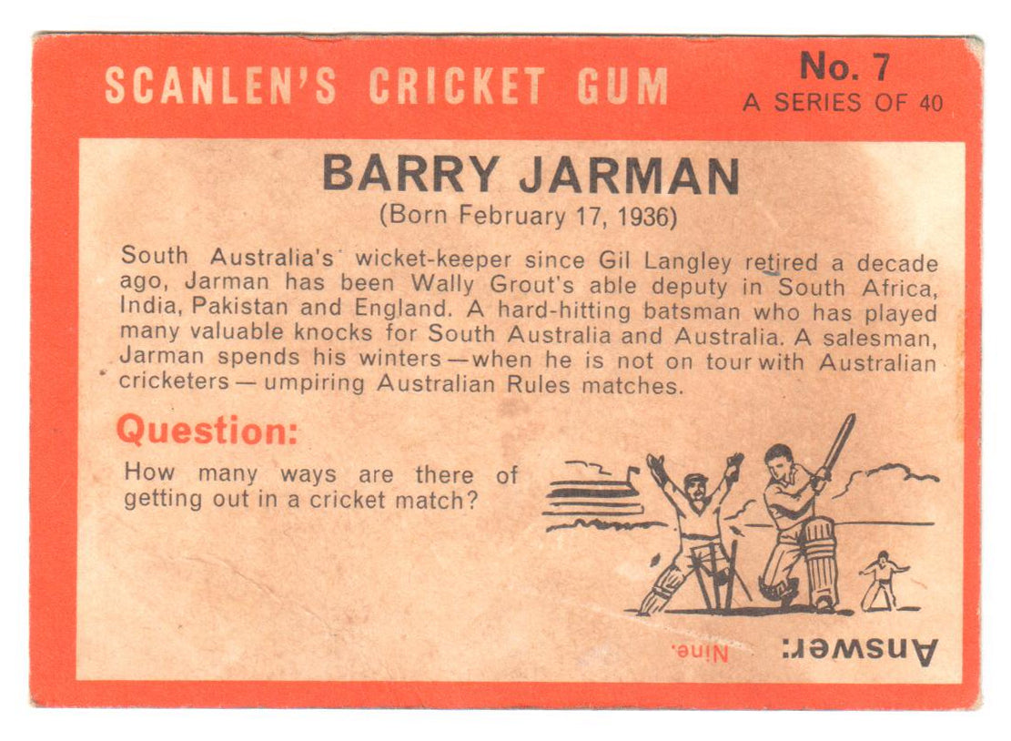 Scanlens 1965 Cricket Card #07 - Barry Jarman