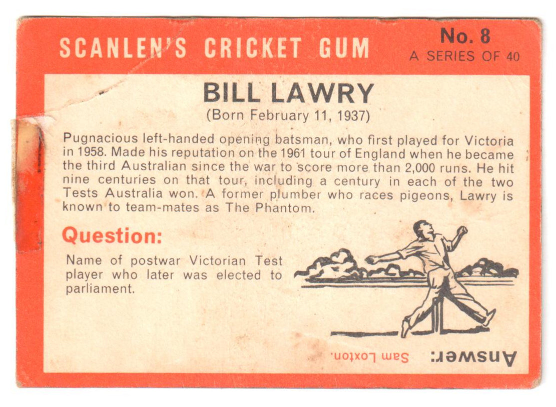 Scanlens 1965 Cricket Card #08 - Bill Lawry