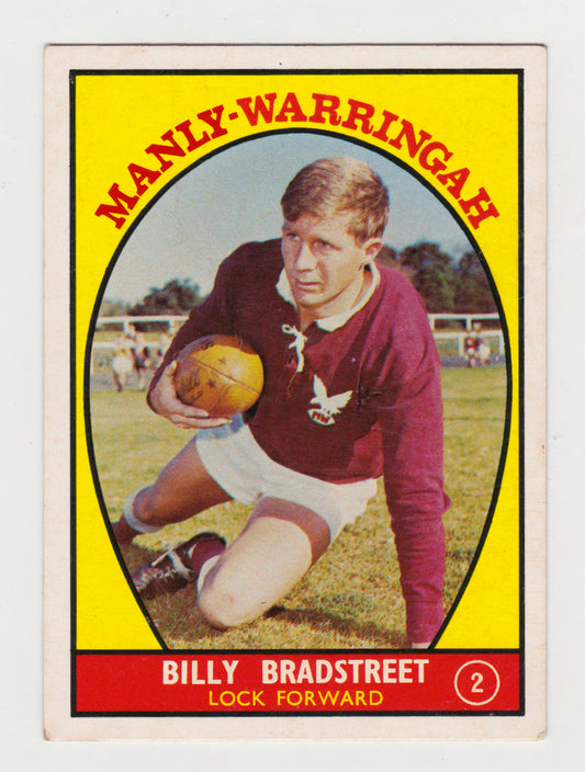 Scanlens 1968 A Grade NRL Football Card  #02 - Billy Bradstreet - Manly Warringah