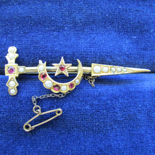 Unmarked Gold Ruby Garnet And Seed Pearl Bar Brooch With Safety Chain