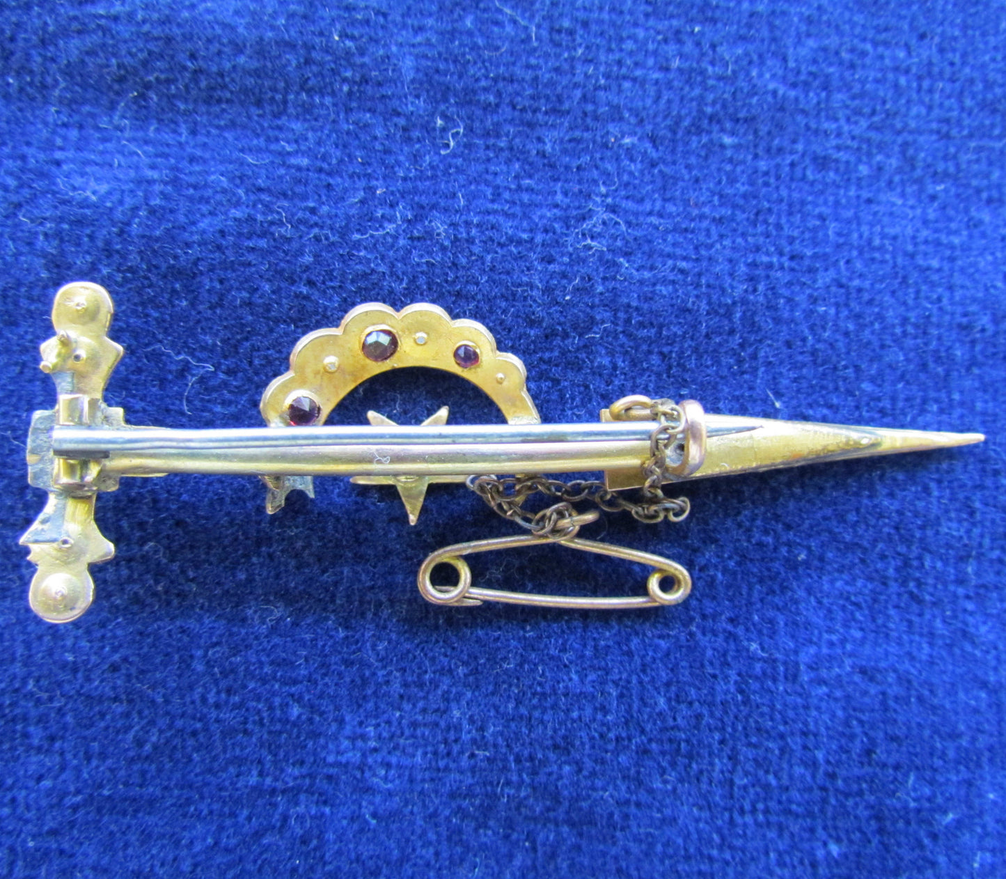 Unmarked Gold Ruby Garnet And Seed Pearl Bar Brooch With Safety Chain