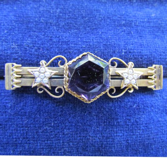 9ct Gold Bar Brooch Set with Seed Pearls In Stars And A Claw Set Amethyst Hallmarked Birmingham