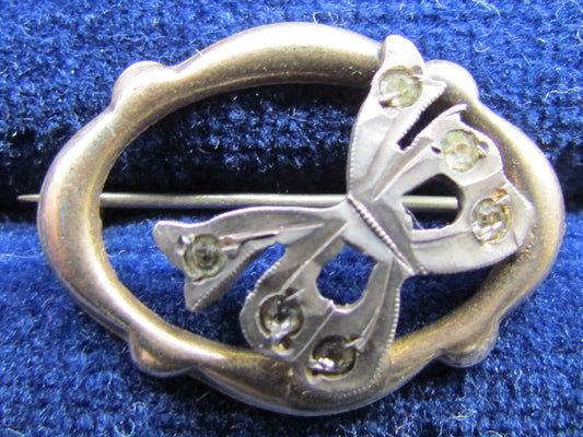 Unmarked Silver Oval Butterfly Brooch Set With 6 Clear Stones