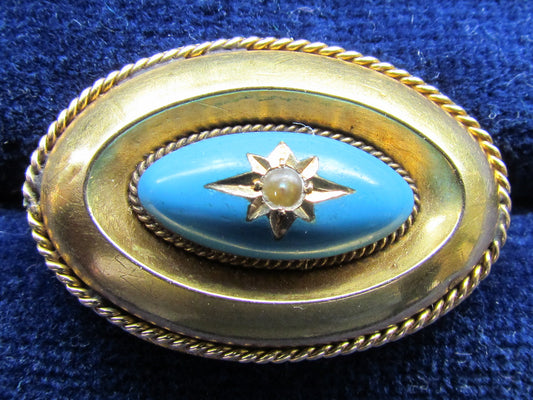 Unmarked Gold Oval Enamel And Seed Pearl Brooch
