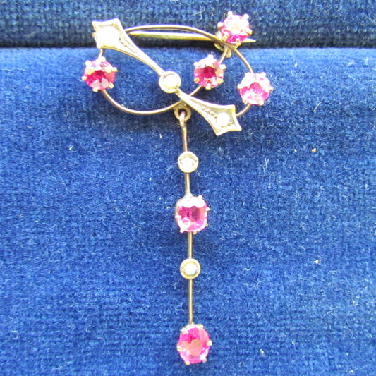 9ct Gold Ruby And Seed Pearl Brooch With Pendant Drop Of Ruby And Seed Pearls